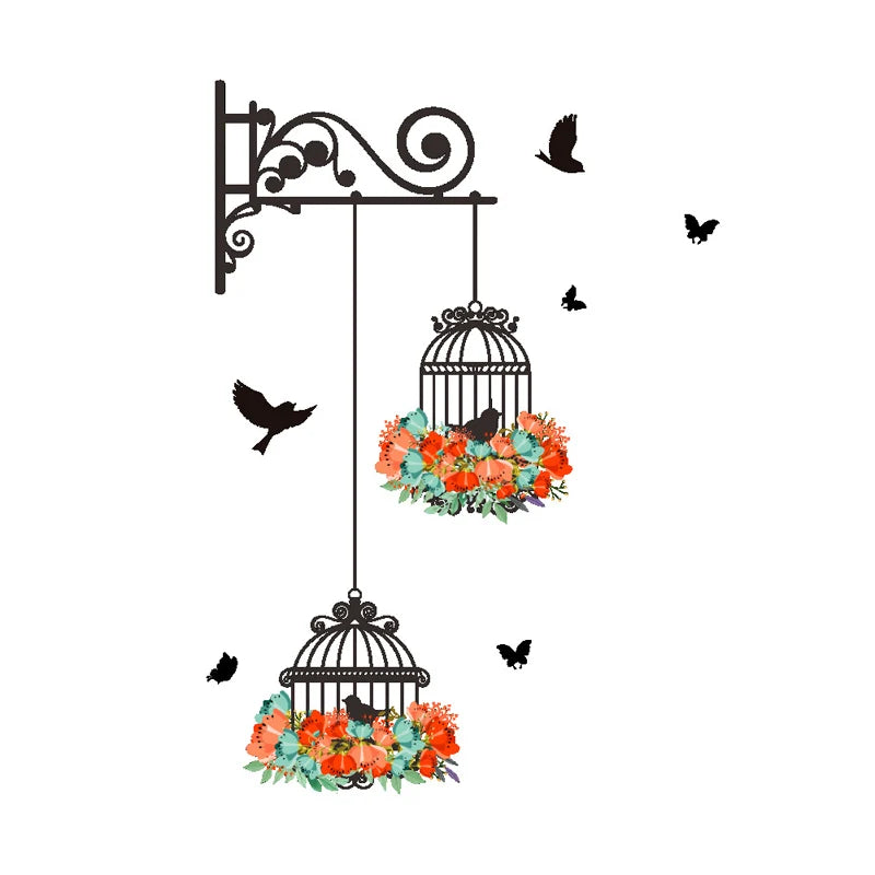 Colorful Flower Birdcage Flying Birds Wall Sticker