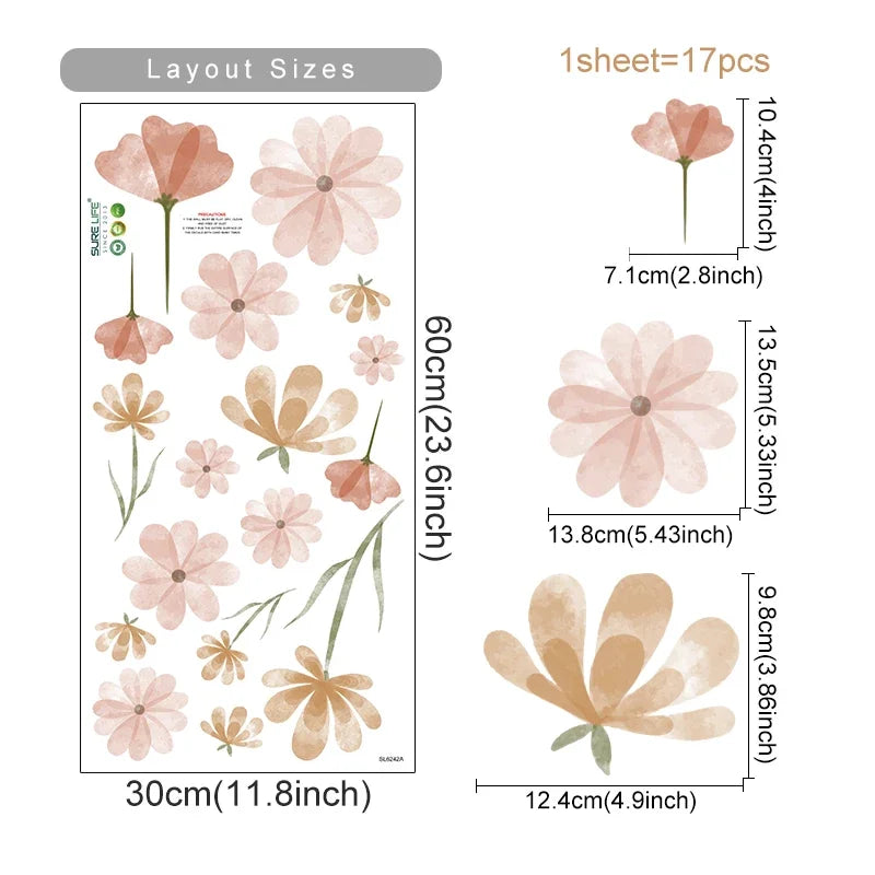 Boho Style Flowers Leaves Watercolor Wall Sticker