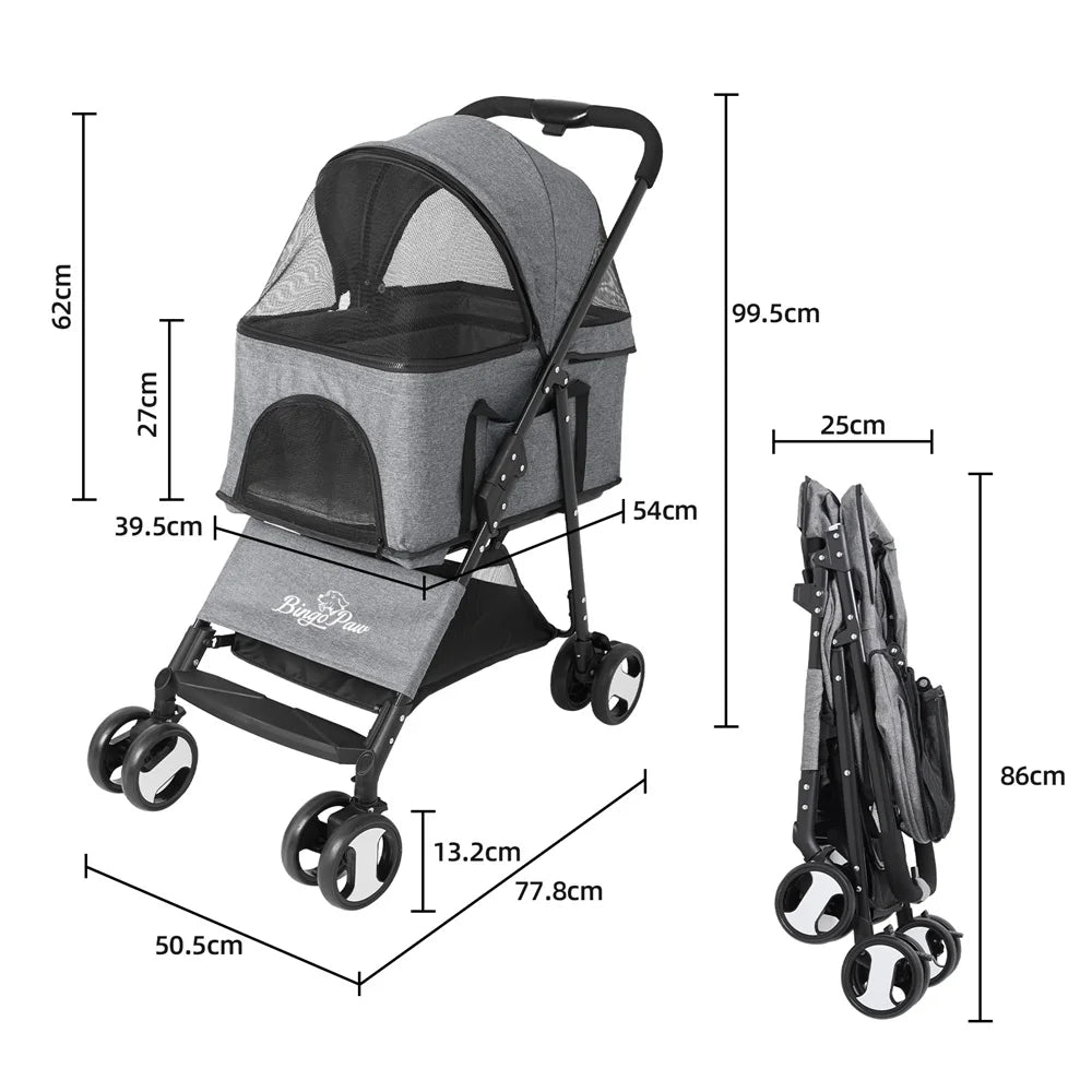 Foldable Pet Stroller With Storage Basket