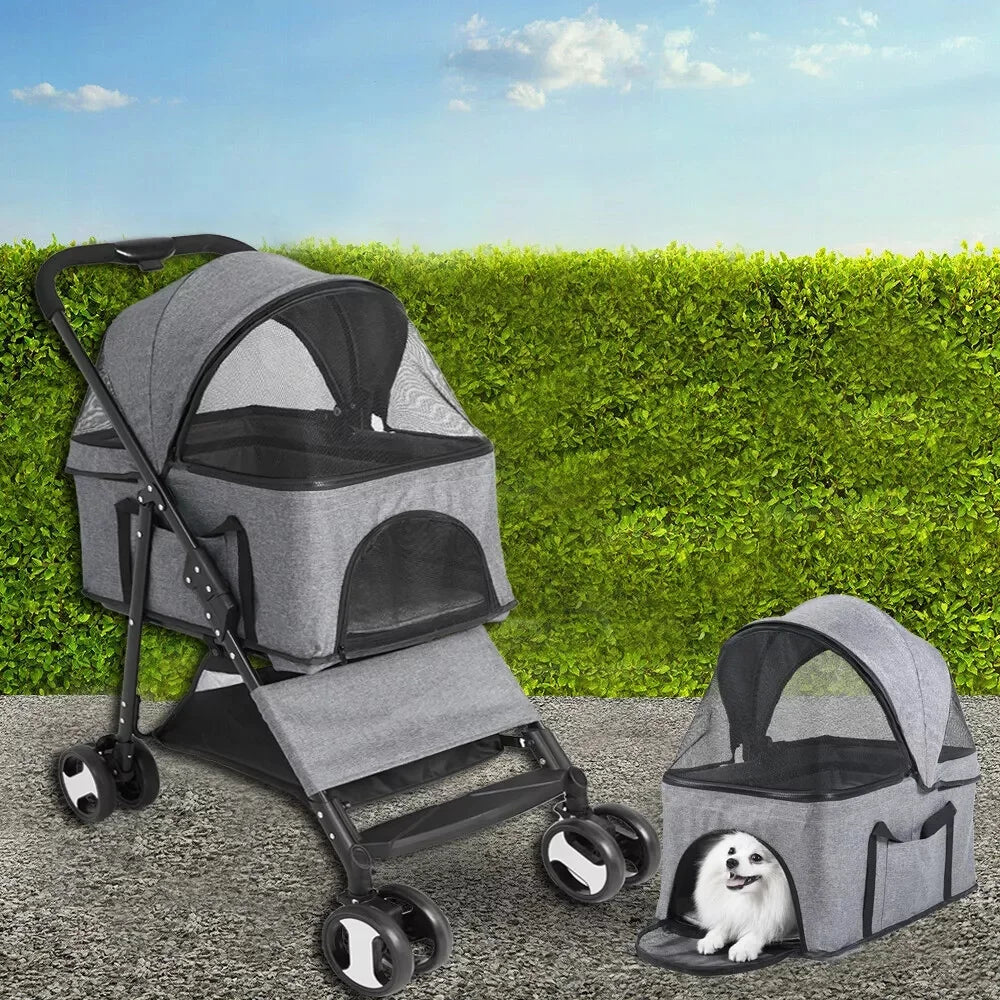 Foldable Pet Stroller With Storage Basket