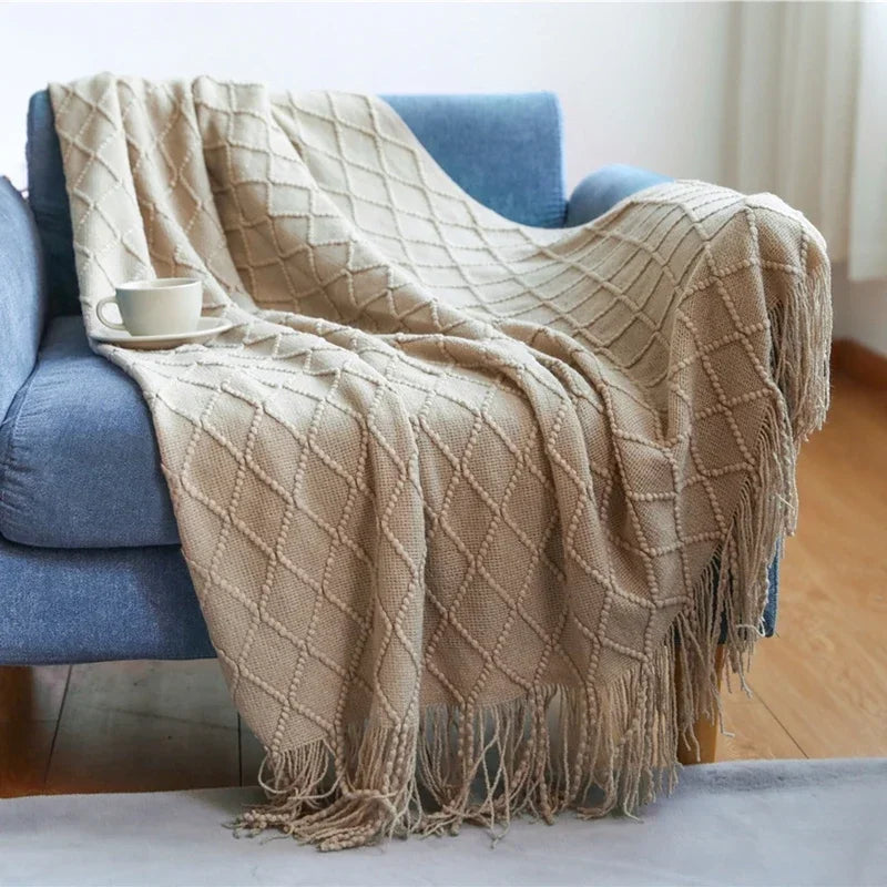 Khaki Gift Knitted Blanket with Tassels