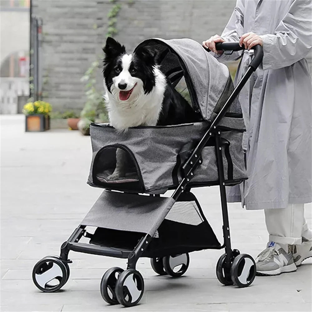 Foldable Pet Stroller With Storage Basket