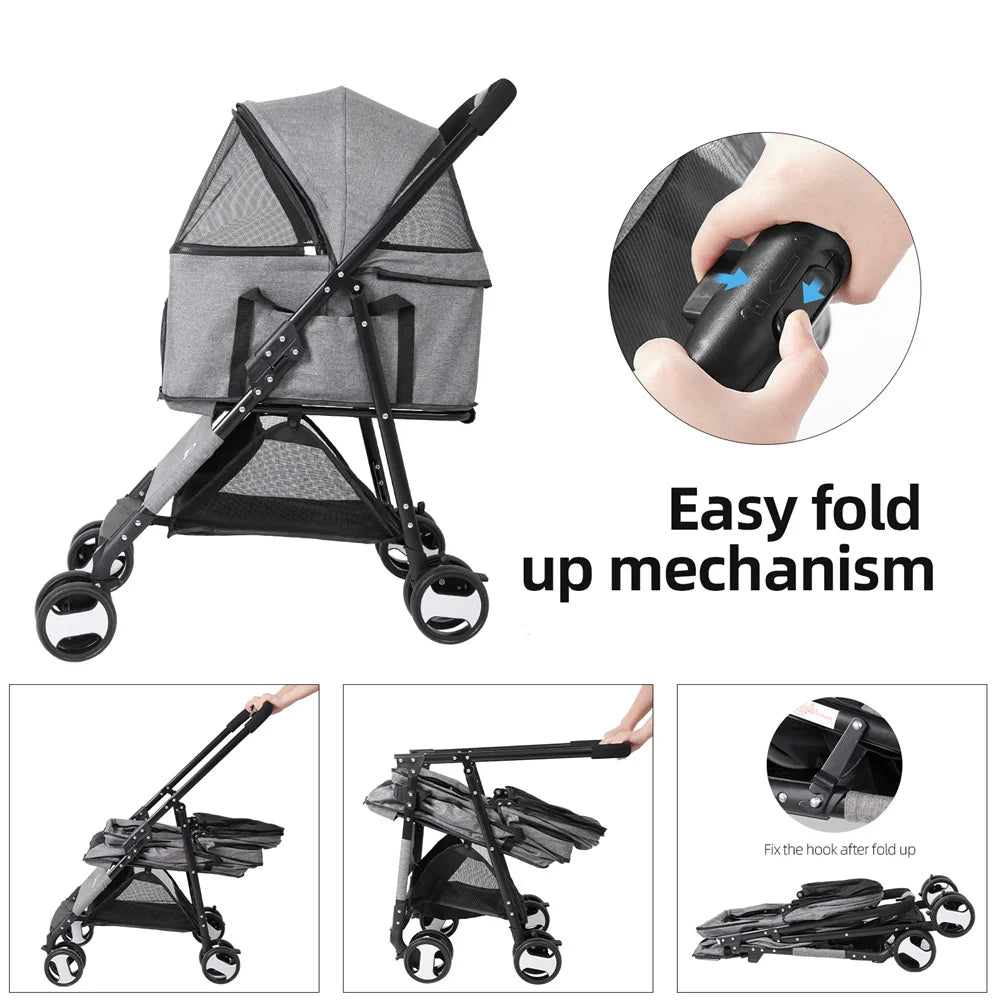 Foldable Pet Stroller With Storage Basket