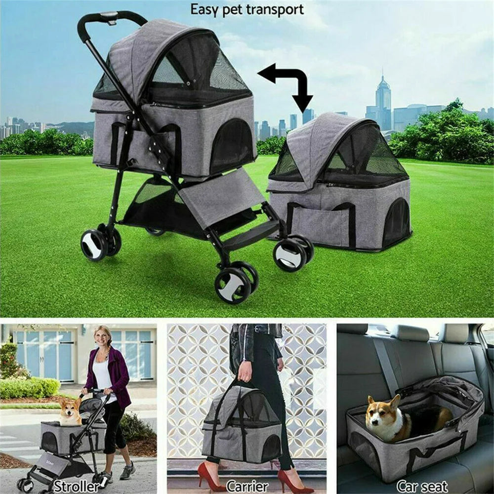 Foldable Pet Stroller With Storage Basket