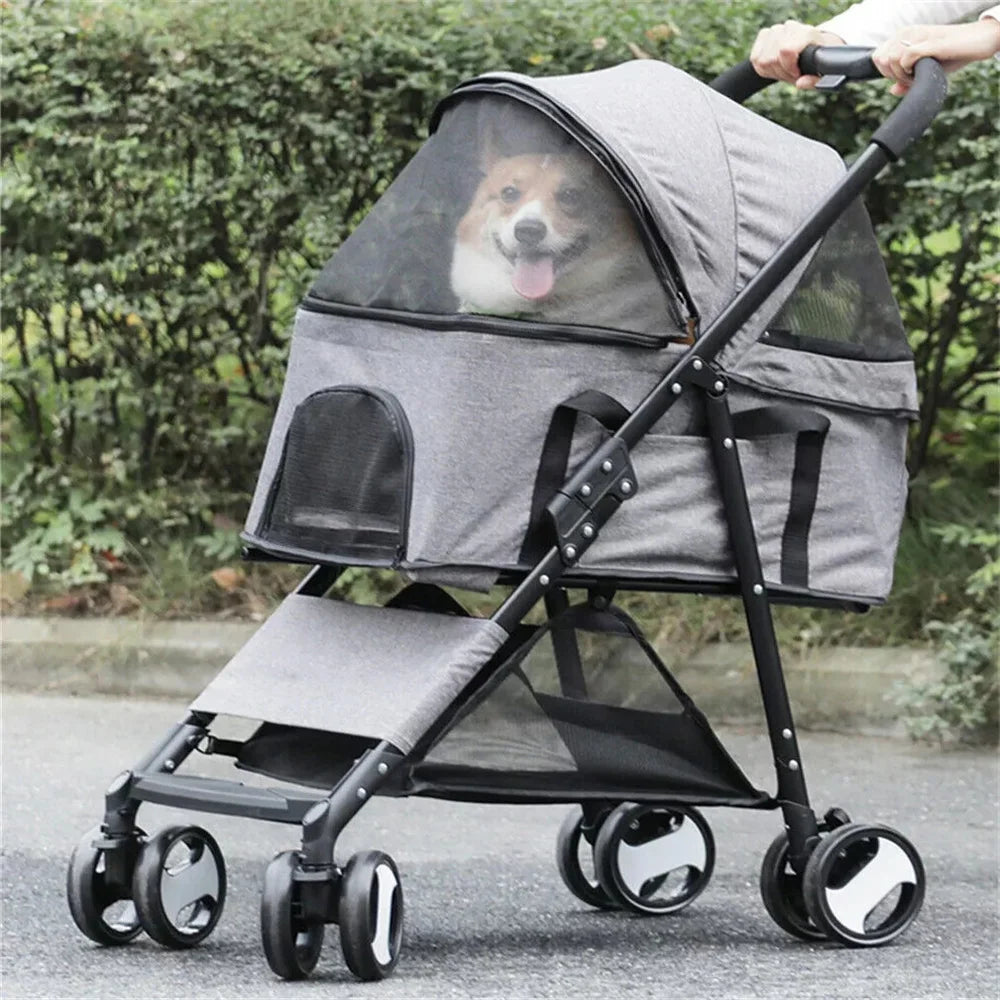 Foldable Pet Stroller With Storage Basket