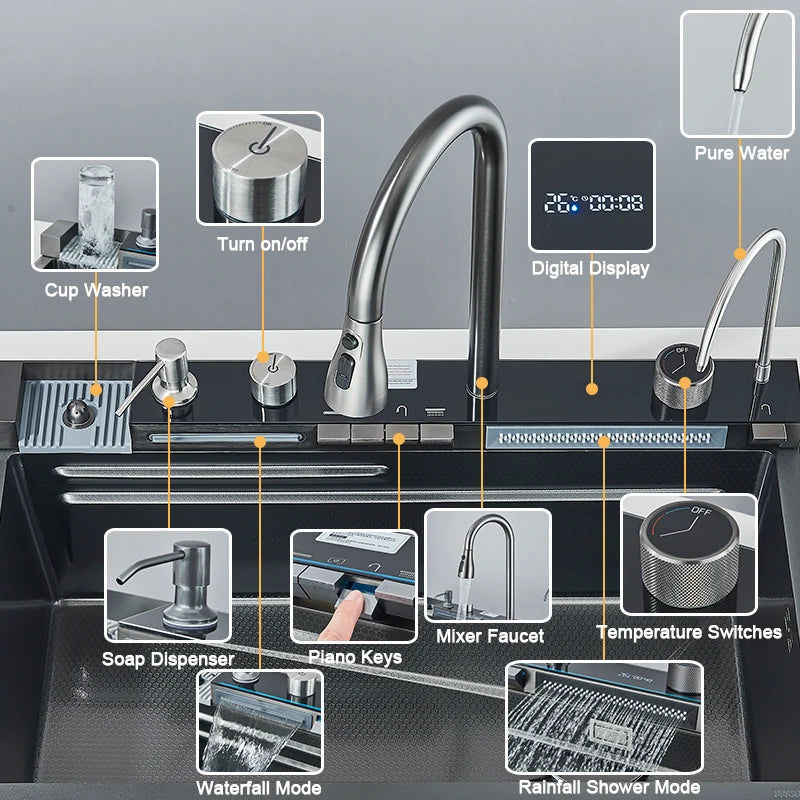 Stainless Steel Kitchen Sink with Digital Display Waterfall Faucet