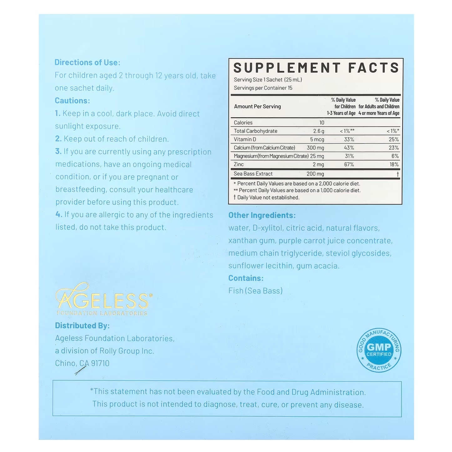 Ageless Foundation Laboratories, Kid's Liquid Calcium, 15 Sachets, 0.85 fl oz (25 ml) Each