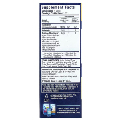 Mommy's Bliss, Kids Sleep Chewable, Melatonin + Magnesium, 3 Yrs+, Natural Grape, 35 Chewable Tablets