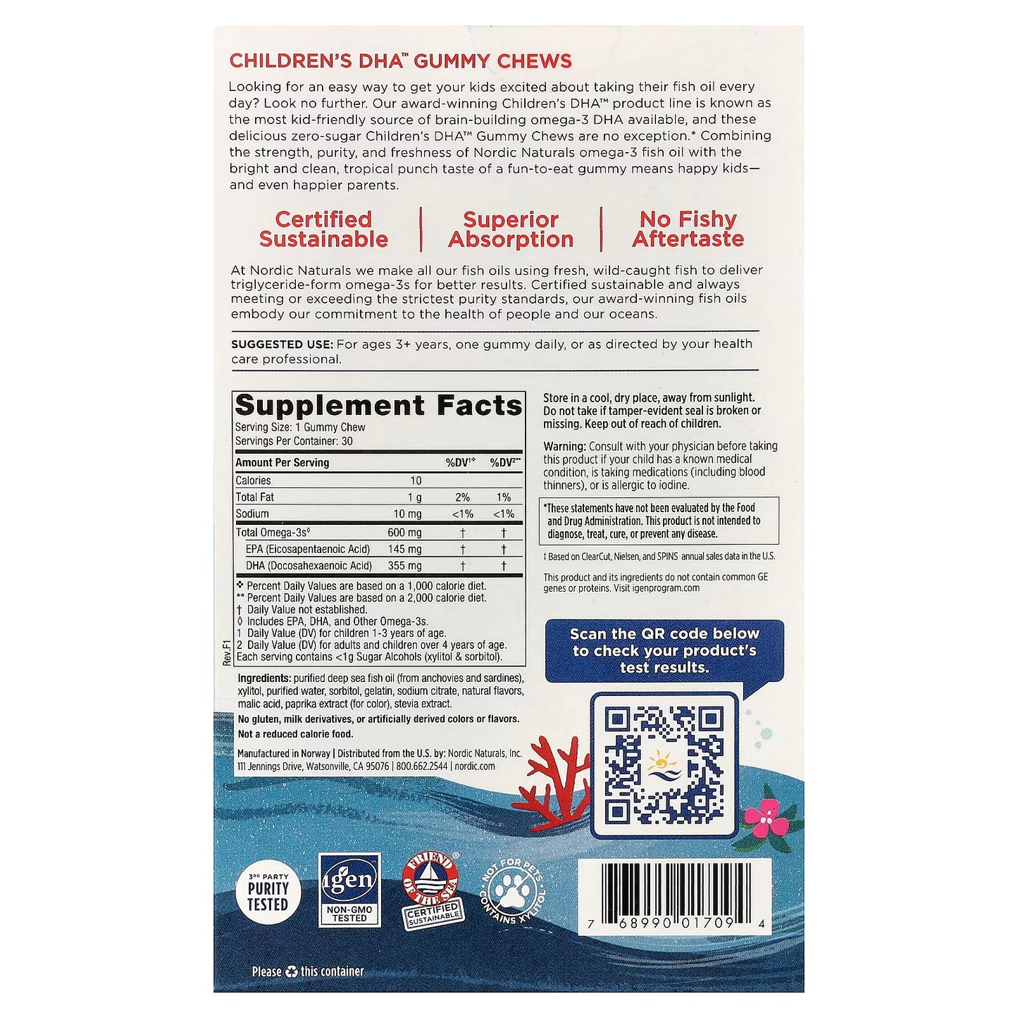 Nordic Naturals, Children's DHA™ Gummy Chews, Ages 3+, Tropical Punch, 30 Gummies (355 mg per gummy)