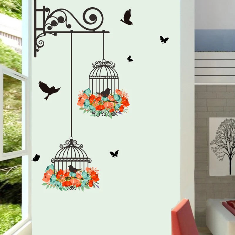 Colorful Flower Birdcage Flying Birds Wall Sticker