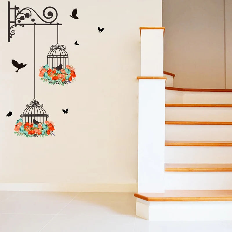 Colorful Flower Birdcage Flying Birds Wall Sticker