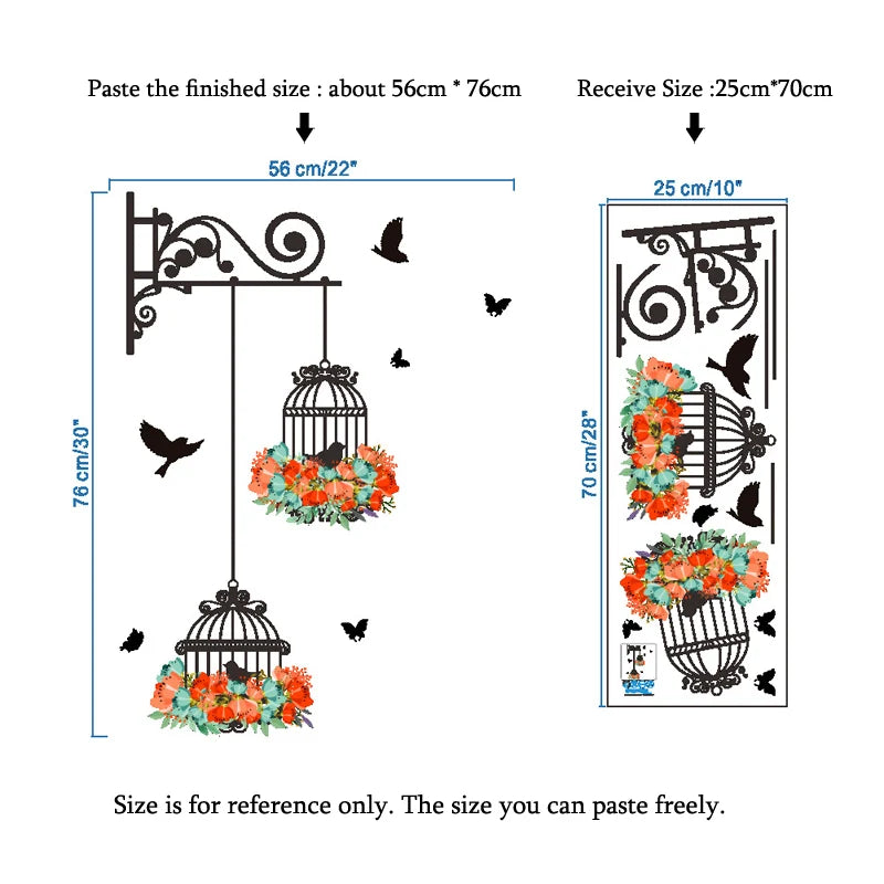 Colorful Flower Birdcage Flying Birds Wall Sticker