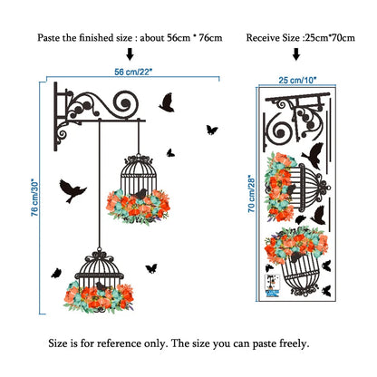 Colorful Flower Birdcage Flying Birds Wall Sticker