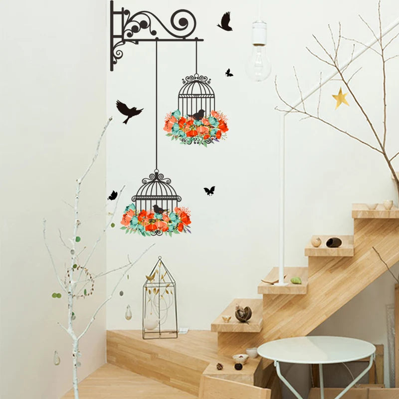 Colorful Flower Birdcage Flying Birds Wall Sticker