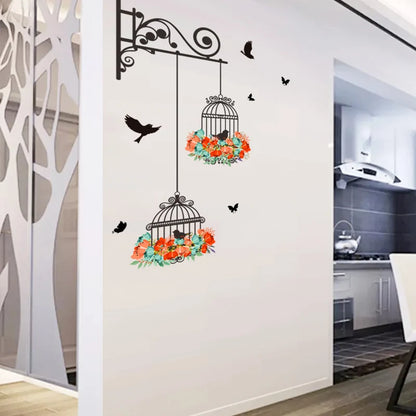 Colorful Flower Birdcage Flying Birds Wall Sticker