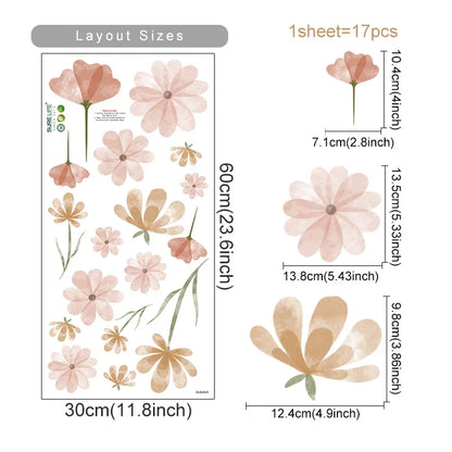 Boho Style Flowers Leaves Watercolor Wall Sticker