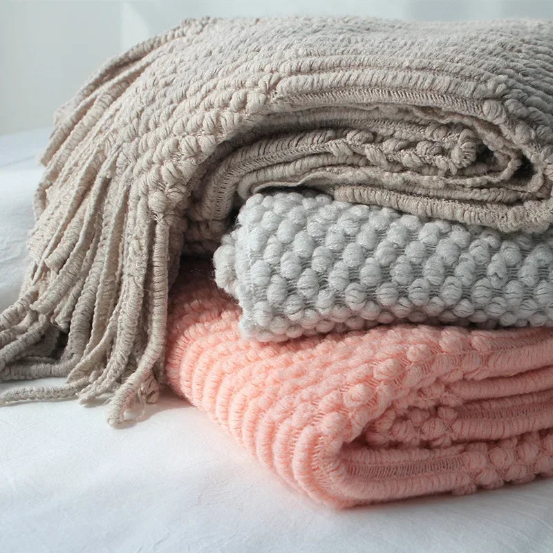Khaki Gift Knitted Blanket with Tassels