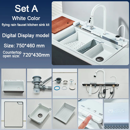 Stainless Steel Kitchen Sink with Digital Display Waterfall Faucet