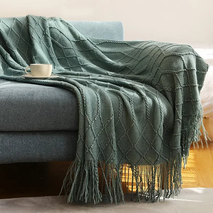 Khaki Gift Knitted Blanket with Tassels