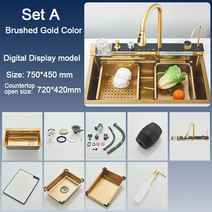 Stainless Steel Kitchen Sink with Digital Display Waterfall Faucet