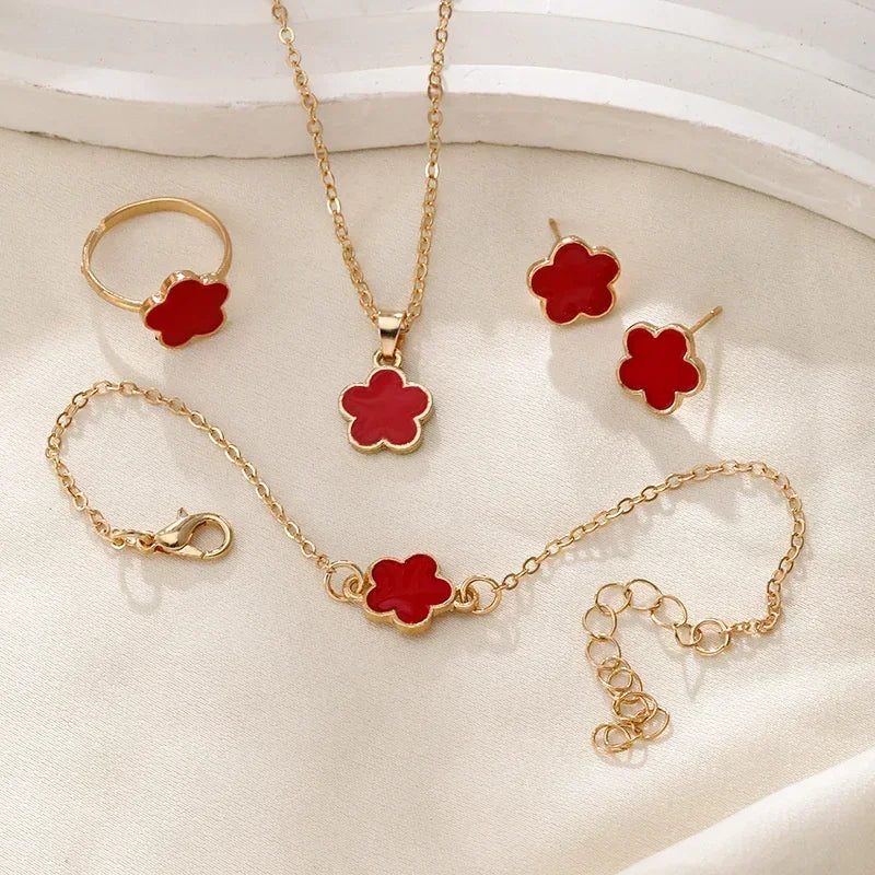 Romantic 5 Flower Petal Pendant Necklace Set