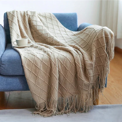Khaki Gift Knitted Blanket with Tassels