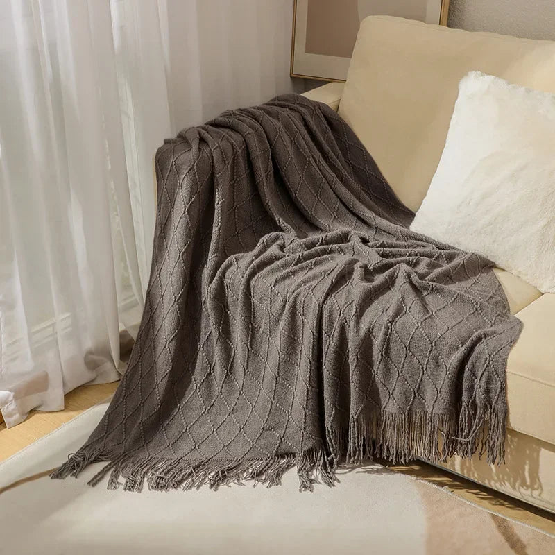 Khaki Gift Knitted Blanket with Tassels