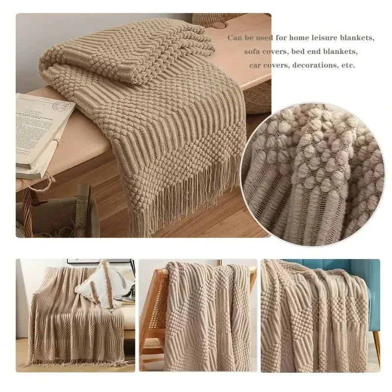 Khaki Gift Knitted Blanket with Tassels
