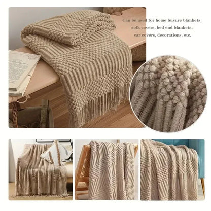 Khaki Gift Knitted Blanket with Tassels