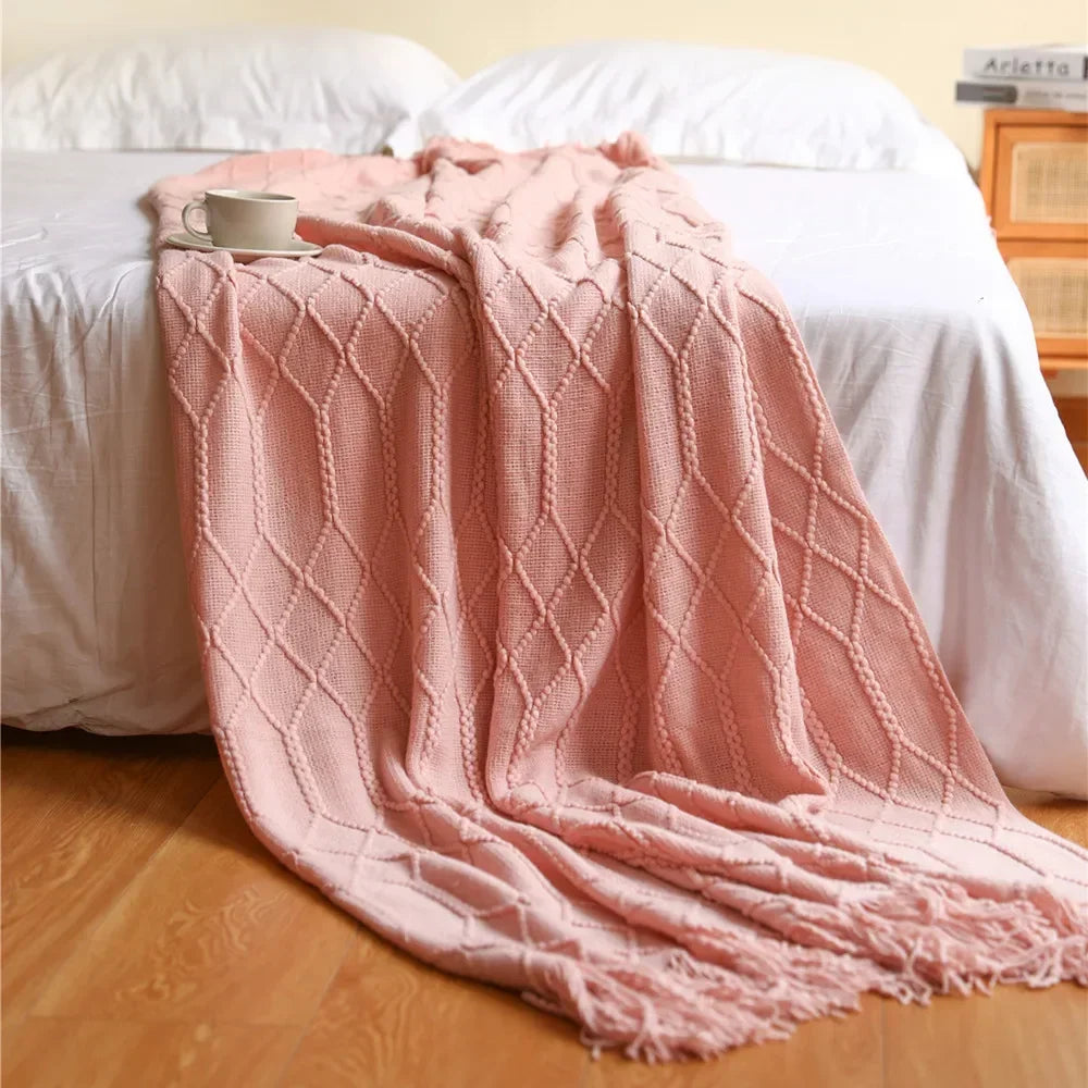 Khaki Gift Knitted Blanket with Tassels