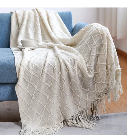 Khaki Gift Knitted Blanket with Tassels