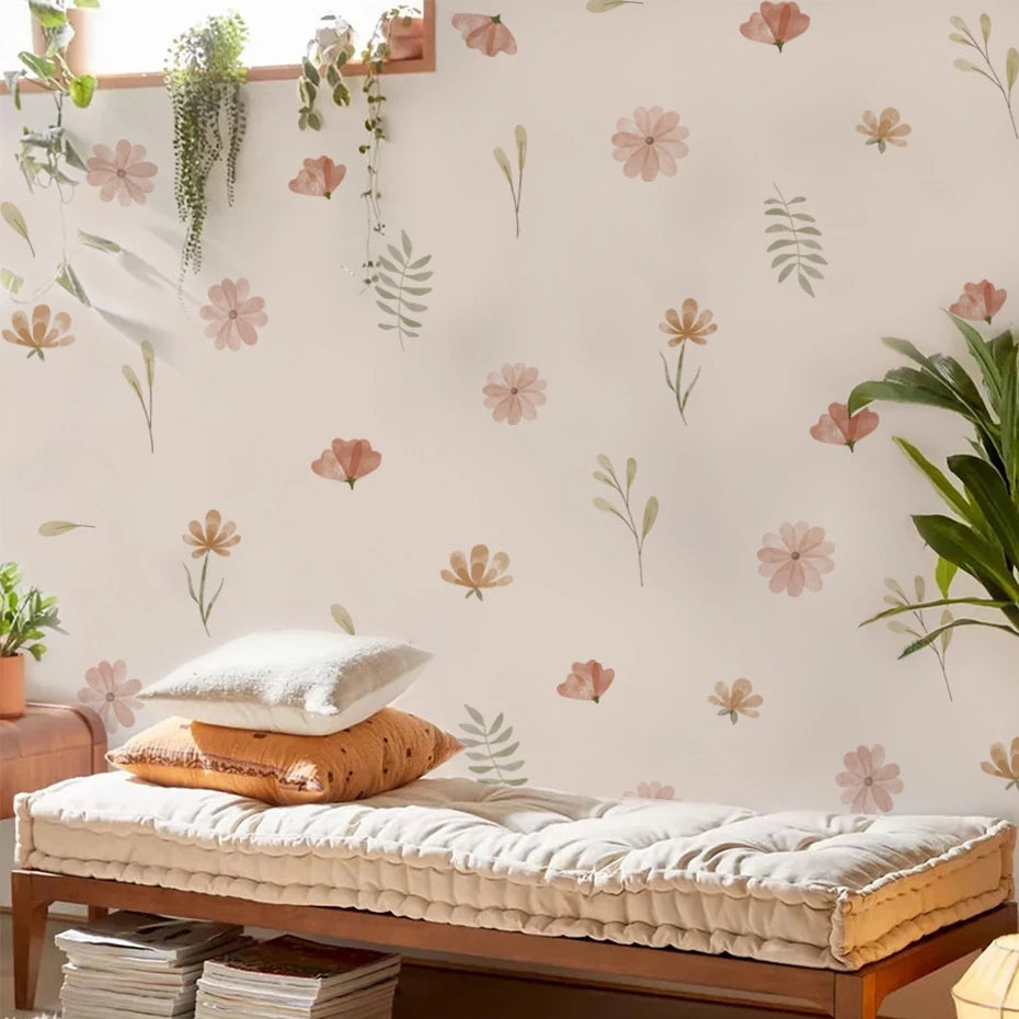 Boho Style Flowers Leaves Watercolor Wall Sticker