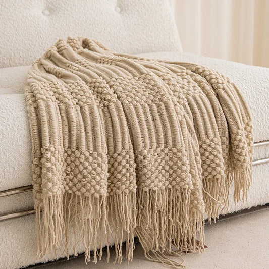 Khaki Gift Knitted Blanket with Tassels