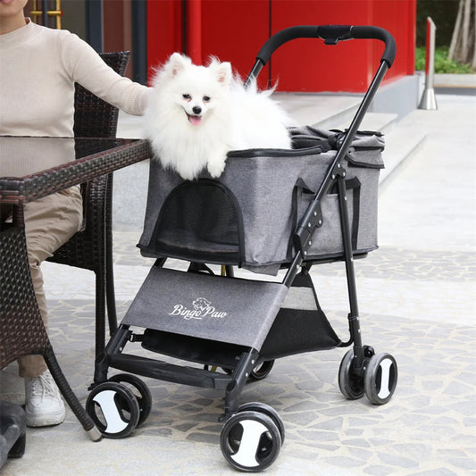 Foldable Pet Stroller With Storage Basket