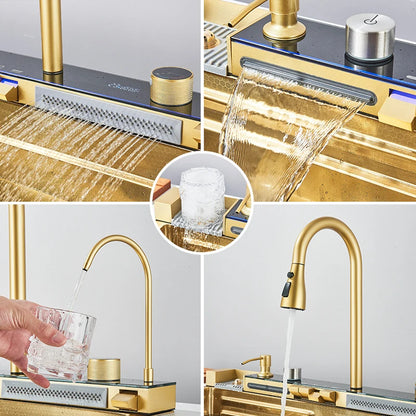 Stainless Steel Kitchen Sink with Digital Display Waterfall Faucet