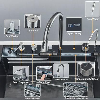 Stainless Steel Kitchen Sink with Digital Display Waterfall Faucet