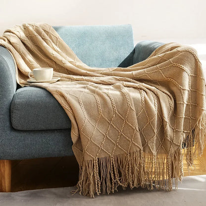 Khaki Gift Knitted Blanket with Tassels