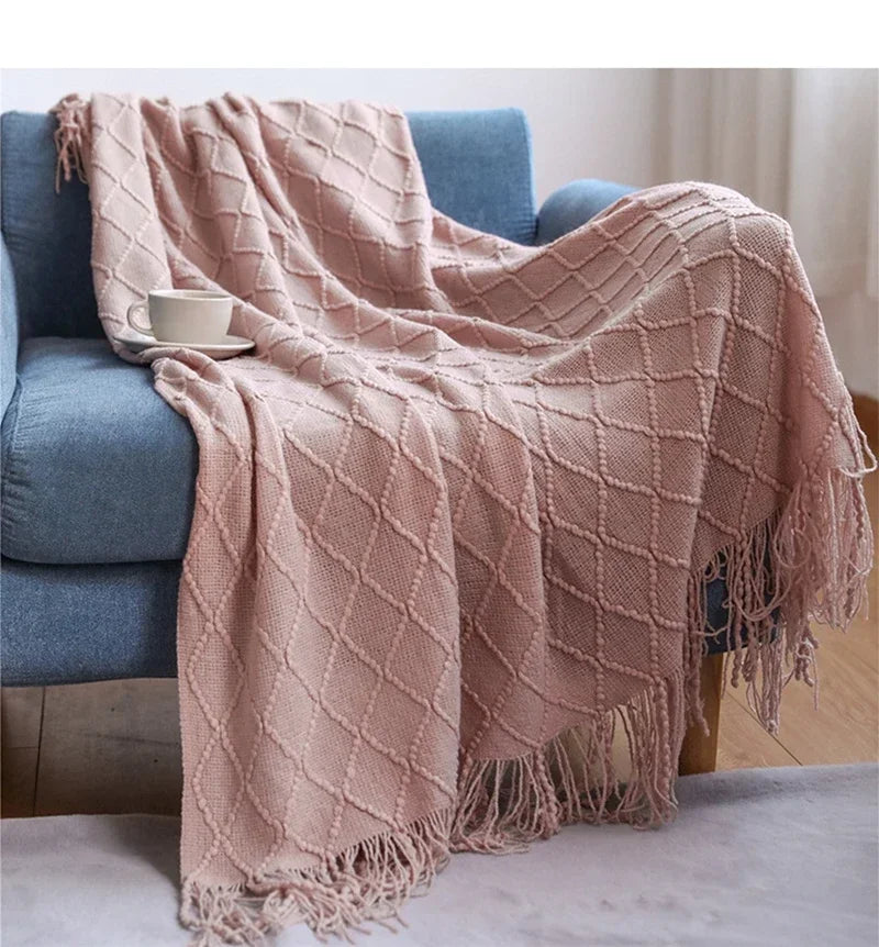 Khaki Gift Knitted Blanket with Tassels